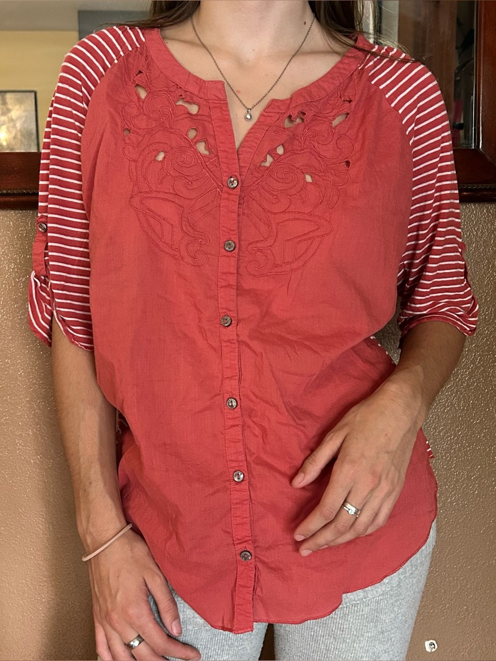 Vintage America Coral Button-Front Embroidered Raglan Top